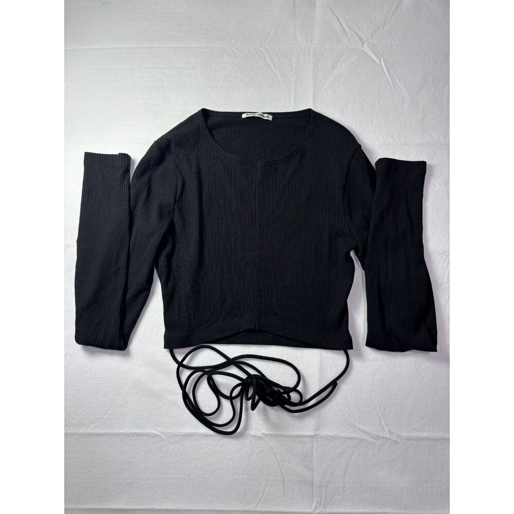 Reformation Black Ribbed Long Sleeve Wrap Tie Hem Crop Top XS/S